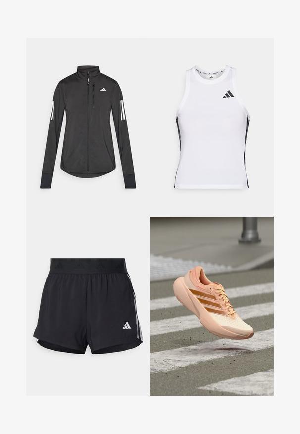 Sort atletisk jakke lavet af let materiale. Har en frontlynlås, høj krave og tre hvide striber på hver ærme.; Hvid athletic tanktop med sorte sideaccentuer og logo. Har en scoop-neckline og tætsiddende design, lavet af letvægts, åndbart materiale.; Sorte sport shorts med elastisk talje, der har et tekstureret bånd, sidestreger og et hvidt Adidas-logo på den nederste kant.; Lys fersken løbesko med orange striber, midt i luften over et tekstureret fodgængerfelt på en asfaltvej.