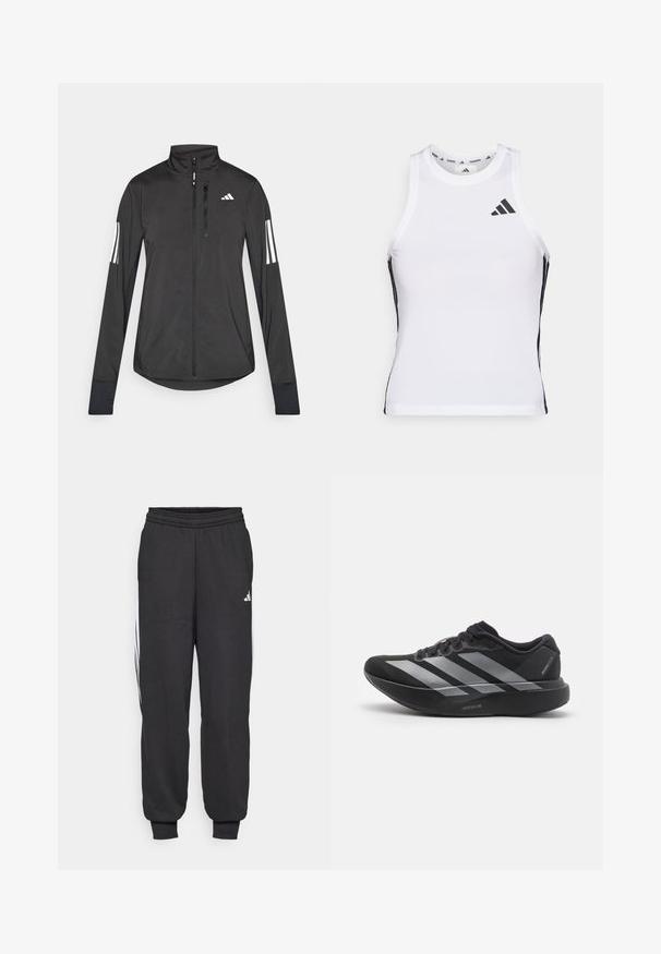 Schwarze Sportjacke aus leichtem Material. Mit einem Frontreißverschluss, hohem Kragen und drei weißen Streifen an jedem Ärmel.; Weißes sportliches Tanktop mit schwarzen Seitenakzenten und Logo. Verfügt über einen rund ausgeschnittenen Halsausschnitt und eine figurbetonte Passform, hergestellt aus leichtem, atmungsaktivem Material.; Schwarze Sporthosen mit einem elastischen Bund, schmal zulaufenden Knöcheln und weißen Seitenstreifen. Hergestellt aus weichem Stoff mit einer glatten Textur.; Schwarzer Laufschuh mit silbernen Streifen, dicke gepolsterte Sohle beschriftet "Lightstrike Pro", Seitenansicht auf weißem Hintergrund.