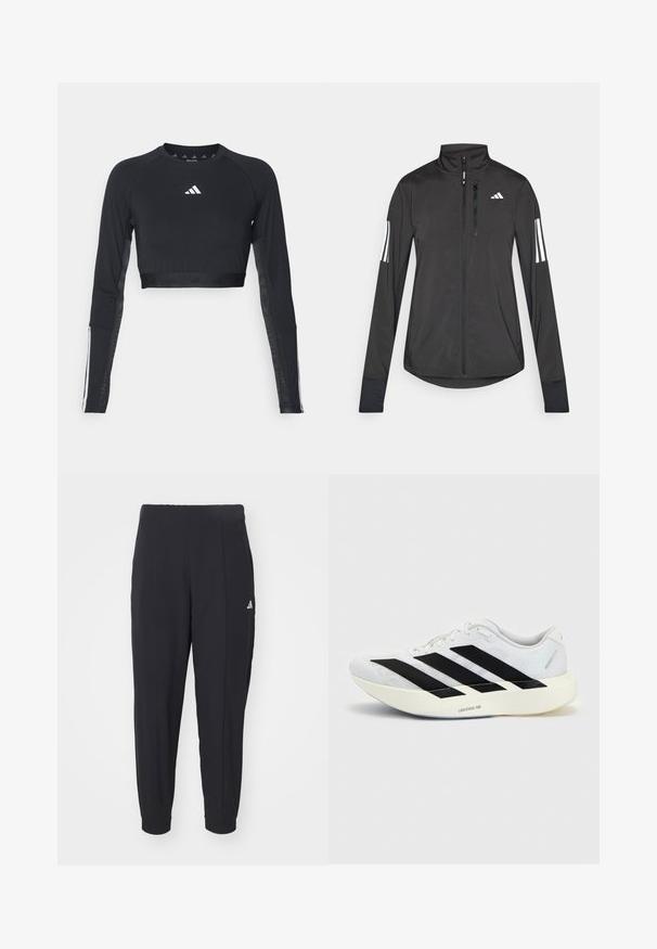 Sort atletisk jakke lavet af let materiale. Har en frontlynlås, høj krave og tre hvide striber på hver ærme.; Sort cropped træningstop med lange ærmer lavet af glat stof. Har et hvidt logo på brystet og stribede detaljer på ærmerne.; Sorte træningsbukser lavet af et glat stof. Taperet design med elastiske manchetter. Har et lille hvidt logo på venstre hofte.; Hvid løbesko med sort tre-stribet design på siden og tyk hvid sål mærket "Lightstrike Pro" på ensfarvet baggrund.