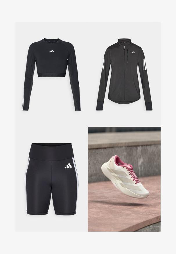 Veste de sport noire en matériau léger. Dotée d'une fermeture éclair sur le devant, d'un col haut et de trois rayures blanches sur chaque manche.; Haut d'entraînement noir à manches longues et coupé, en tissu lisse. Présente un logo blanc sur la poitrine et des accents rayés sur les manches.; Shorts de sport noirs avec une taille haute, rayures blanches sur les côtés et un petit logo blanc. Tissu lisse avec une coupe ajustée.; Chaussure de course beige clair et rose avec semelle coussinée, lacets roses et trois rayures beiges flottant au-dessus d'une surface en pierre.