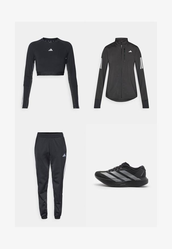 Sort atletisk jakke lavet af let materiale. Har en frontlynlås, høj krave og tre hvide striber på hver ærme.; Sort cropped træningstop med lange ærmer lavet af glat stof. Har et hvidt logo på brystet og stribede detaljer på ærmerne.; Sorte træningsbukser med elastisk talje, smalle ben og hvide sidelister. Har et lille gråt trefoil-logo på venstre lår.; Sort løbesko med sølvstriber, tyk polstret sål mærket "Lightstrike Pro," set fra siden på hvid baggrund.