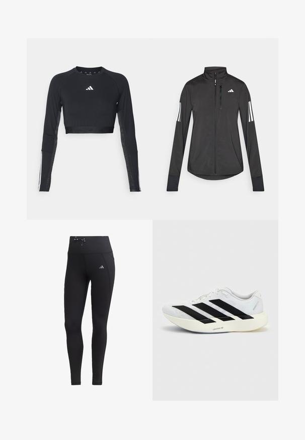 Sort atletisk jakke lavet af let materiale. Har en frontlynlås, høj krave og tre hvide striber på hver ærme.; Sort cropped træningstop med lange ærmer lavet af glat stof. Har et hvidt logo på brystet og stribede detaljer på ærmerne.; Sorte leggings med høj talje, snøre-detalje og sidelommer. Fremstillet af glat materiale med reflekterende logo-accent.; Hvid løbesko med sort tre-stribet design på siden og tyk hvid sål mærket "Lightstrike Pro" på ensfarvet baggrund.