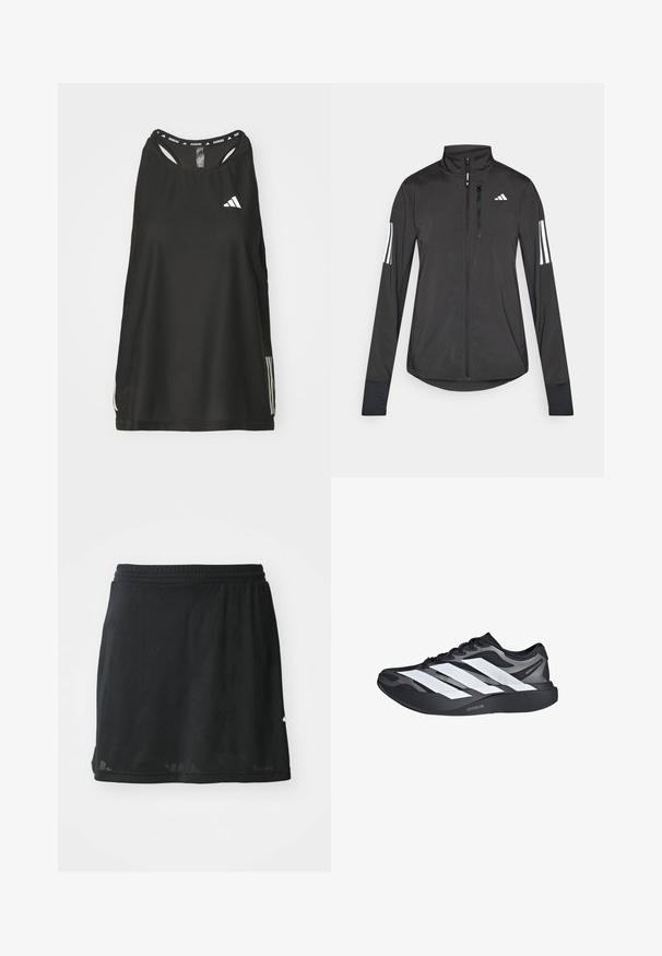 Zwarte sportjack gemaakt van lichtgewicht materiaal. Voorzien van een ritssluiting aan de voorkant, hoge kraag en drie witte strepen op elke mouw.; Zwarte mouwloze sporttop met een ronde halslijn. Bevat een wit logo en drie witte strepen aan de zijkanten; gemaakt van ademend materiaal.; Zwarte atletische rok van lichtgewicht, gestructureerde stof. Voorzien van een brede, elastische tailleband en een subtiel geometrisch patroon.; Zwart-grijze hardloopschoen met drie grote witte strepen aan de zijkant en een dikke zwarte zool met het label "Lightstrike Pro".