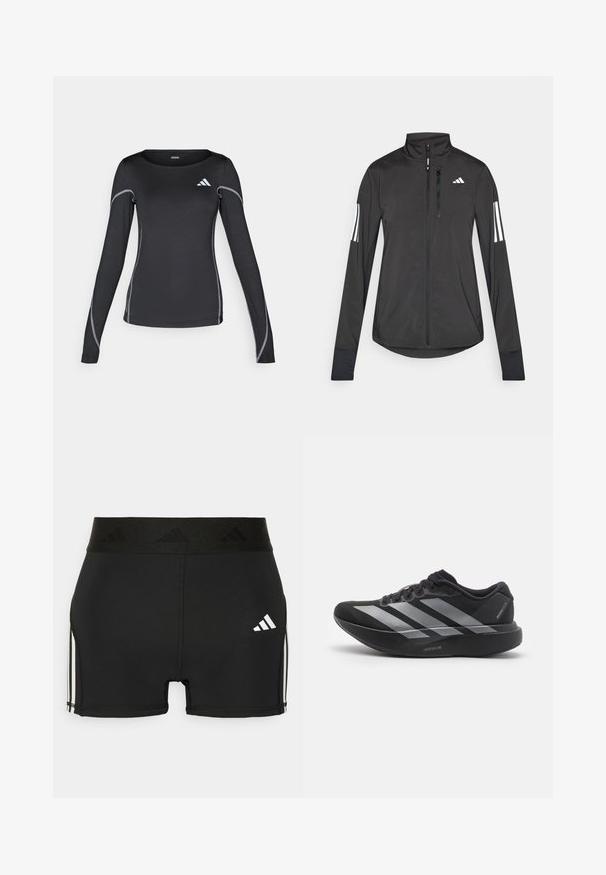Zwarte sportjack gemaakt van lichtgewicht materiaal. Voorzien van een ritssluiting aan de voorkant, hoge kraag en drie witte strepen op elke mouw.; Zwarte lange mouwen sportshirt met een ronde halslijn en reflecterend zilveren stiksel. Bevat een klein wit logo op de bovenste linkerzijde.; Zwarte sportieve shorts gemaakt van rekbaar materiaal. Heeft een brede zwarte tailleband met reliëflogo en witte zijstrepen.; Zwarte hardloopschoen met zilveren strepen, dikke gedempte zool met het label "Lightstrike Pro," zijaanzicht op witte achtergrond.