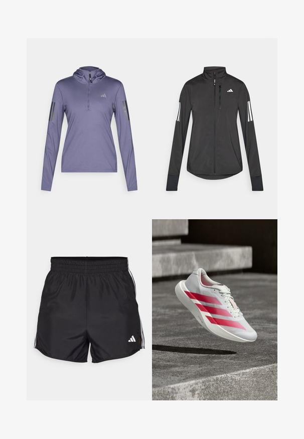 Veste de sport noire en matériau léger. Dotée d'une fermeture éclair sur le devant, d'un col haut et de trois rayures blanches sur chaque manche.; Haut de sport long à manches violettes avec capuche, fermeture éclair quart et trois rayures noires verticales sur chaque manche. Réalisé en tissu texturé et respirant.; Shorts de sport noirs avec une taille élastique, fentes latérales et accents à trois bandes blanches. Présente un petit logo blanc en bas à droite.; Chaussure de course blanche avec trois bandes rouges audacieuses, en plein vol au-dessus d'escaliers en béton, mettant en valeur un design léger et une semelle texturée.