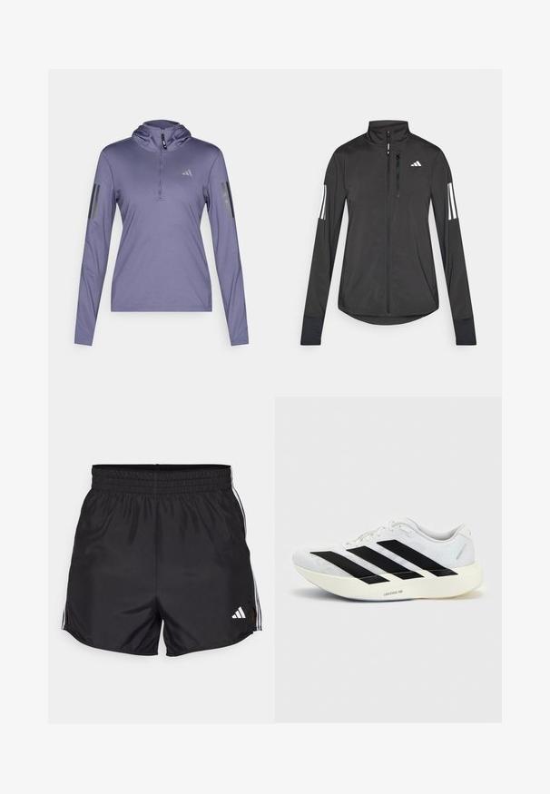 Veste de sport noire en matériau léger. Dotée d'une fermeture éclair sur le devant, d'un col haut et de trois rayures blanches sur chaque manche.; Haut de sport long à manches violettes avec capuche, fermeture éclair quart et trois rayures noires verticales sur chaque manche. Réalisé en tissu texturé et respirant.; Shorts de sport noirs avec une taille élastique, fentes latérales et accents à trois bandes blanches. Présente un petit logo blanc en bas à droite.; Chaussure de running blanche avec motif trois bandes noires sur le côté et semelle blanche épaisse étiquetée "Lightstrike Pro" sur fond uni.
