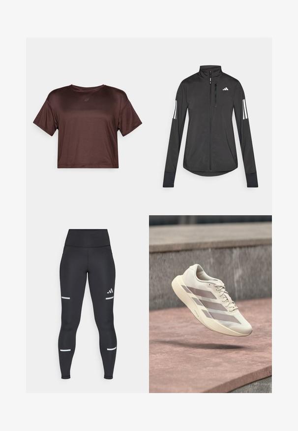 Schwarze Sportjacke aus leichtem Material. Mit einem Frontreißverschluss, hohem Kragen und drei weißen Streifen an jedem Ärmel.; Kurze ärmels, cropped, brauner Sportoberteil aus glattem, leichtem Stoff mit einem subtilen Glanz und einem kleinen Logo auf der Brust.; Schwarze Leggings mit einem hohen Bund, aus glattem Material. Verfügt über weiße reflektierende Streifen in der Nähe der Knie und ein Adidas-Logo.; Cremefarbener Laufschuh mit taupefarbenen Streifen, der über einer rötlich-braunen gefliesten Oberfläche und einem grauen Stein-Hintergrund schwebt.
