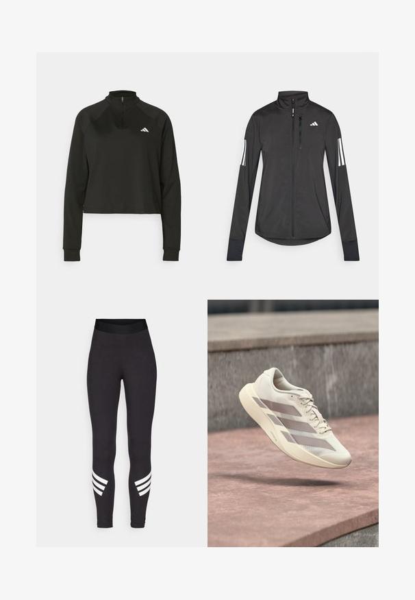 Chaqueta deportiva negra hecha de material ligero. Cuenta con una cremallera frontal, un cuello alto y tres franjas blancas en cada manga.; Sudadera negra de media cremallera hecha de tela suave, con mangas largas, que cuenta con un cuello alto y un logo blanco en el lado izquierdo del pecho.; Leggings negros hechos de una tela elástica, con una cinturilla ancha y tres franjas blancas horizontales cerca de las pantorrillas.; Zapatilla de correr color crema con rayas topo flotando sobre una superficie de baldosas rojo pardusco y un fondo de piedra gris.