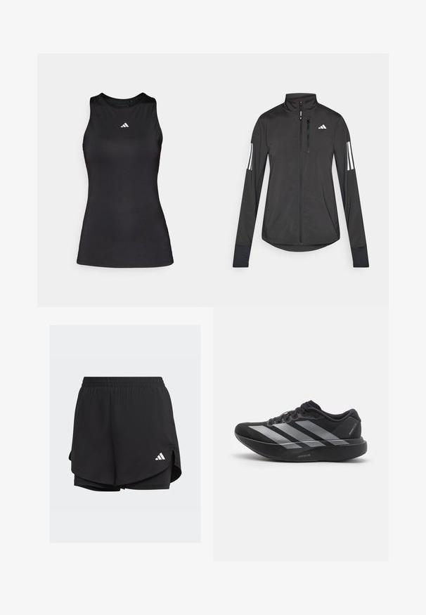 Veste de sport noire en matériau léger. Dotée d'une fermeture éclair sur le devant, d'un col haut et de trois rayures blanches sur chaque manche.; Débardeur de sport noir sans manches en tissu lisse. Il présente un col rond et un petit logo Adidas blanc sur la poitrine.; Shorts de sport noirs avec une taille élastique, un design superposé, des shorts ajustés à l'intérieur et un logo blanc en bas à gauche.; Chaussure de course noire avec des rayures argentées, semelle épaisse rembourrée étiquetée "Lightstrike Pro," vue de côté sur fond blanc.