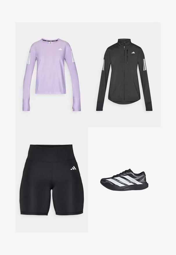 Veste de sport noire en matériau léger. Dotée d'une fermeture éclair sur le devant, d'un col haut et de trois rayures blanches sur chaque manche.; T-shirt de sport à manches longues lilas en tissu texturé. Présente trois rayures blanches sur chaque manche et un col rond avec un détail de logo noir.; Shorts de sport noirs en tissu extensible, dotés d'une taille haute, d'une texture lisse et d'un logo à trois bandes blanches sur le côté.; Chaussure de course noire et grise avec trois grandes bandes blanches sur le côté et une semelle épaisse noire portant l'inscription « Lightstrike Pro ».