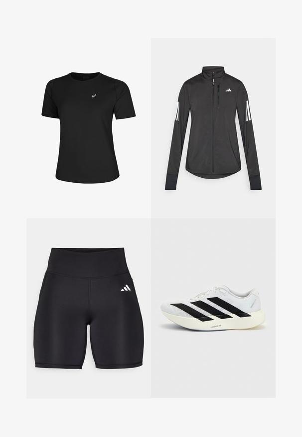 Zwarte sportjack gemaakt van lichtgewicht materiaal. Voorzien van een ritssluiting aan de voorkant, hoge kraag en drie witte strepen op elke mouw.; Zwart sport t-shirt van gladde stof, met een ronde halslijn en korte mouwen. Inclusief een reflecterend logo aan de voorkant links.; Zwarte sportshorts van rekbaar materiaal, met een hoge tailleband, een gladde textuur en een wit logo met drie strepen aan de zijkant.; Witte hardloopschoen met zwart drie-strepen ontwerp aan de zijkant en dikke witte zool met label "Lightstrike Pro" op een effen achtergrond.