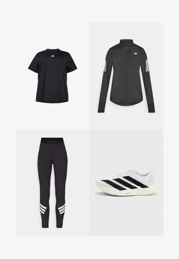 Schwarze Sportjacke aus leichtem Material. Mit einem Frontreißverschluss, hohem Kragen und drei weißen Streifen an jedem Ärmel.; Schwarzes T-Shirt mit kurzen Ärmeln aus weichem Stoff, ausgestattet mit einem weißen horizontalen Akzent an den Seiten und einem weißen Logo auf der Brust.; Schwarze Leggings aus dehnbarem Stoff, mit einem breiten Bund und drei weißen horizontalen Streifen in der Nähe der Unterschenkel.; Weißer Laufschuh mit schwarzem Drei-Streifen-Design an der Seite und dicker weißer Sohle mit der Aufschrift "Lightstrike Pro" auf einfarbigem Hintergrund.
