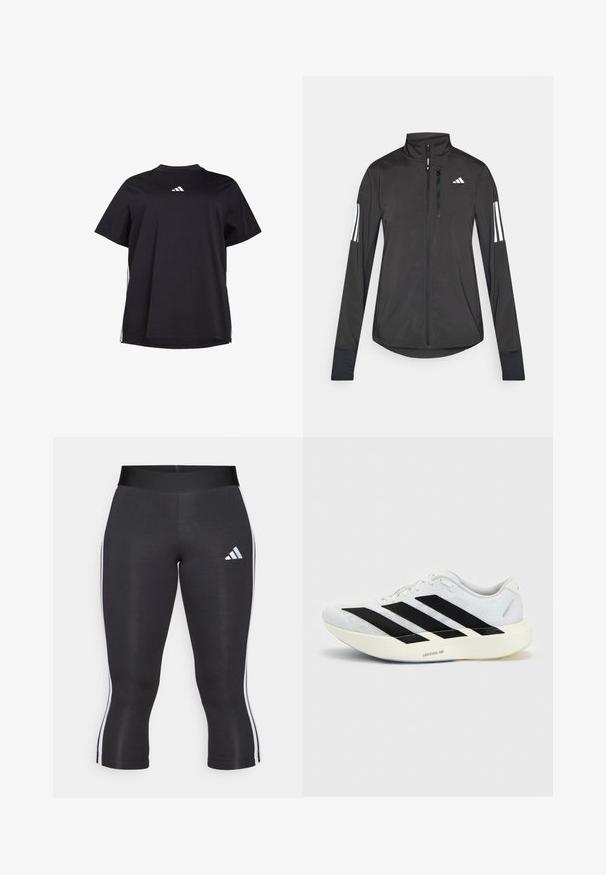 Schwarze Sportjacke aus leichtem Material. Mit einem Frontreißverschluss, hohem Kragen und drei weißen Streifen an jedem Ärmel.; Schwarzes T-Shirt mit kurzen Ärmeln aus weichem Stoff, ausgestattet mit einem weißen horizontalen Akzent an den Seiten und einem weißen Logo auf der Brust.; Schwarze Capri-Leggings mit breitem Bund, versehen mit weißen seitlichen Streifen und einem weißen Adidas-Logo auf dem linken Oberschenkel. Glatte Textur.; Weißer Laufschuh mit schwarzem Drei-Streifen-Design an der Seite und dicker weißer Sohle mit der Aufschrift "Lightstrike Pro" auf einfarbigem Hintergrund.