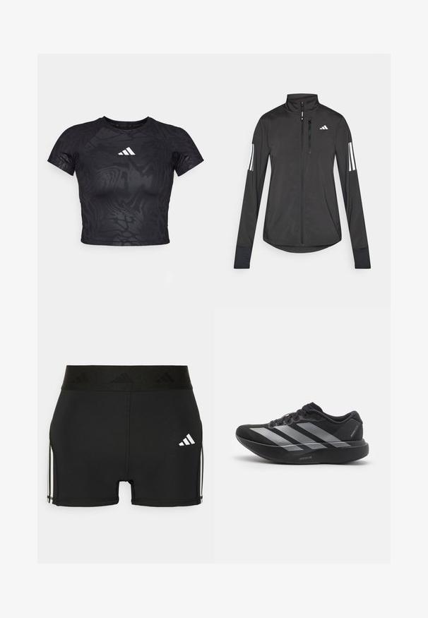 Sort atletisk jakke lavet af let materiale. Har en frontlynlås, høj krave og tre hvide striber på hver ærme.; Sort cropped atletisk t-shirt med et struktureret mønster, korte ærmer og et hvidt logo på brystet. Materialet ser glat og fleksibelt ud.; Sorte atletiske shorts lavet af strækbart materiale. Har en bred sort talje med præget logo og hvide sidestriber.; Sort løbesko med sølvstriber, tyk polstret sål mærket "Lightstrike Pro," set fra siden på hvid baggrund.