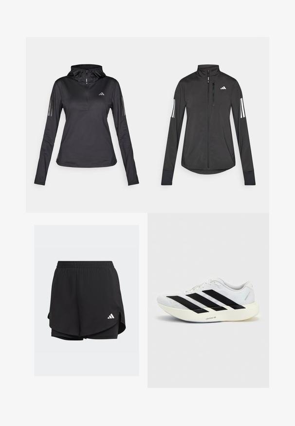 Sort atletisk jakke lavet af let materiale. Har en frontlynlås, høj krave og tre hvide striber på hver ærme.; Sort langærmet sports hoodie med kvart lynlås, struktureret stof, justerbar hætte og reflekterende striber på ærmerne. Har logo på brystet.; Sorte atletiske shorts med elastisk talje, lagdelt design, indvendige tætsiddende shorts og et hvidt logo på nederste venstre side.; Hvid løbesko med sort tre-stribet design på siden og tyk hvid sål mærket "Lightstrike Pro" på ensfarvet baggrund.