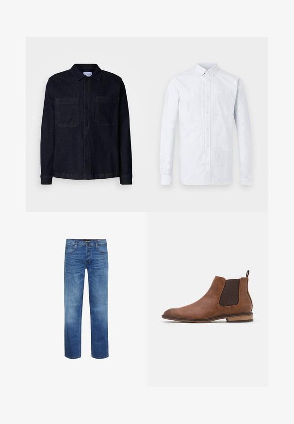 Donker denim overhemd met een kraag, lange mouwen, twee borstzakken en knoopsluiting aan de voorkant. Voorzien van een stevige, gestructureerde stof.; Overhemd met lange mouwen en knopen, met dunne verticale lichtblauwe en witte strepen, voorzien van een borstzak en een kraag met knoopsluiting.; Lichtblauwe denim jeans met een vervaagd uiterlijk, rechte snit, vijf-vakken ontwerp en een ritssluiting. Kenmerkt zich door bruine stiksels en een logo-label.; Bruine leren Chelsea-boot met elastische zijkanten, ronde neus en trekhaak. Heeft een gestructureerd afwerking en een lage houten hak.