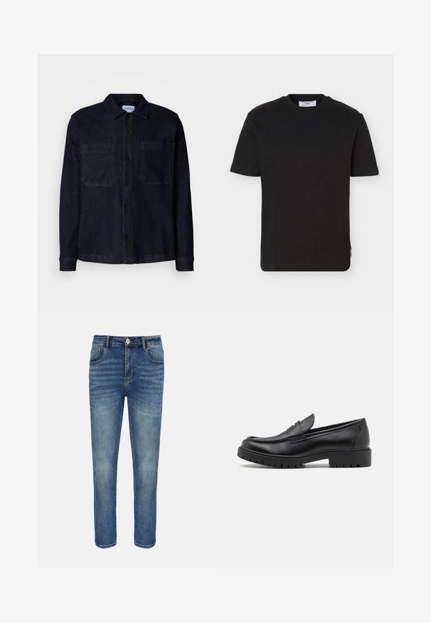 Donker denim overhemd met een kraag, lange mouwen, twee borstzakken en knoopsluiting aan de voorkant. Voorzien van een stevige, gestructureerde stof.; Effen zwart T-shirt met korte mouwen en ronde hals, met een klein merkembleem op de onderkant aan de zijkant.; Blauwe straight-leg spijkerbroek met knoop- en ritssluiting aan de voorkant, riemlussen en voor- en achterzakken.; Zwarte leren instappers met een ronde neus, slip-on ontwerp en dikke rubberen zool met een gestructureerde grip. Verhoogde hak en subtiele stikdetails.