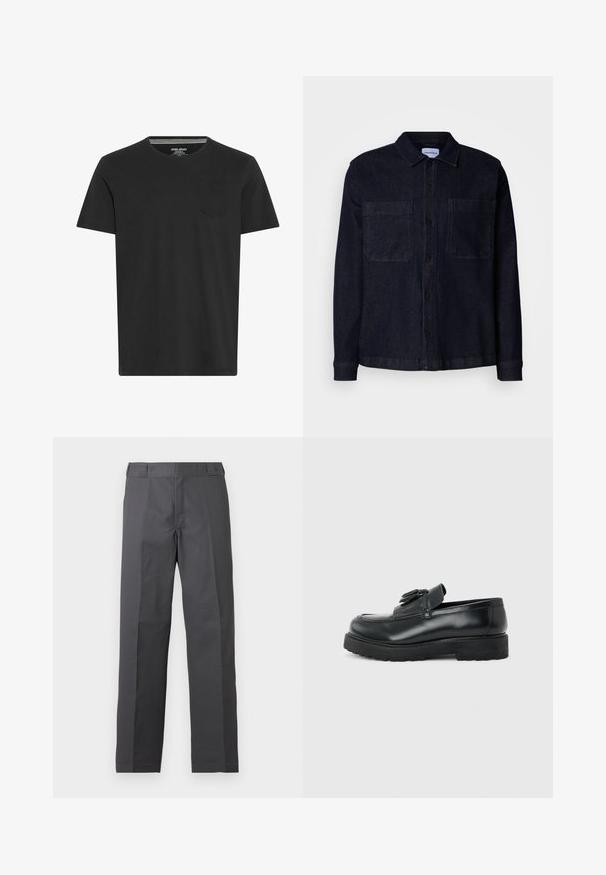 Mørk denimskjorte med krave, lange ærmer, to brystlommer og knaplukning foran. Fremstillet af et robust, struktureret stof.; Sort kortærmet T-shirt lavet af bomuld. Har en rund hals og en lille lomme på venstre bryst. Glat tekstur og simpelt design.; Mørkegrå bukser med lige ben, flad front og uden synlige lommer, vist på en ensartet hvid baggrund.; Sort læderloafer med kvaster, tyk gummisål og lav hæl, vist i sideprofil på en ensfarvet baggrund.