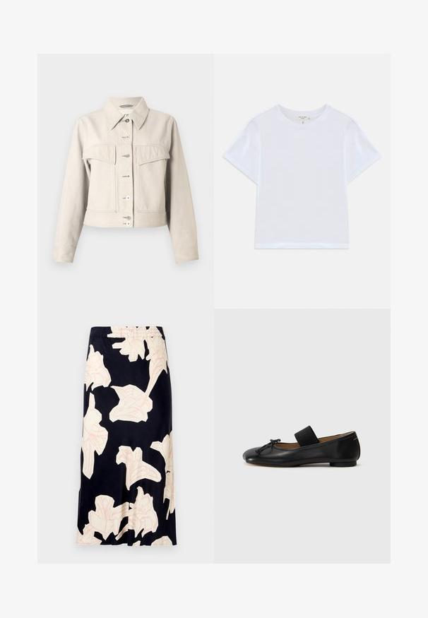 Veste en denim beige avec col pointu, poches poitrine, fermeture à boutons et manches longues. Texture lisse avec des détails de couture minimaux.; T-shirt blanc court en coton doux, avec un col rond et des manches courtes, d'ajustement légèrement décontracté. Pas de motifs ni d'accents.; Jupe midi florale en tissu noir, ornée de grands motifs floraux rose pâle, avec une taille élastique et une texture lisse et fluide.; Ballerines en cuir noir avec un bout arrondi, un petit nœud décoratif et une lanière élastique sur le cou-de-pied pour un maintien sécurisé. Semelle plate.