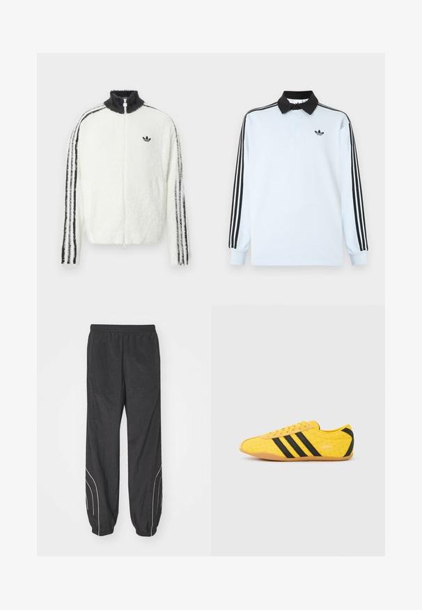 Karvane tõmblukuga jope valges värvuses, kõrge kraega, musta Adidas logo ja mustade triipudega varrukatel. Pehme tekstuur ja mugav lõige.; Hele sinine pikkade varrukatega polo-särk, musta krae, käistel kolm musta triipu ja rinnal väike must logo.; Mustad must windbreaker püksid, millel on elastne vöökoht, kitsenevad sääred ja valged küljeaksendid. Valmistatud kergest, tekstureeritud kangast.; Kollane sportlik jalanõu tekstuurse pealiskihiga, millel on mustad triibud ja logo. Ümar nina, pehme tallaosa ning materjalil siksakmuster.