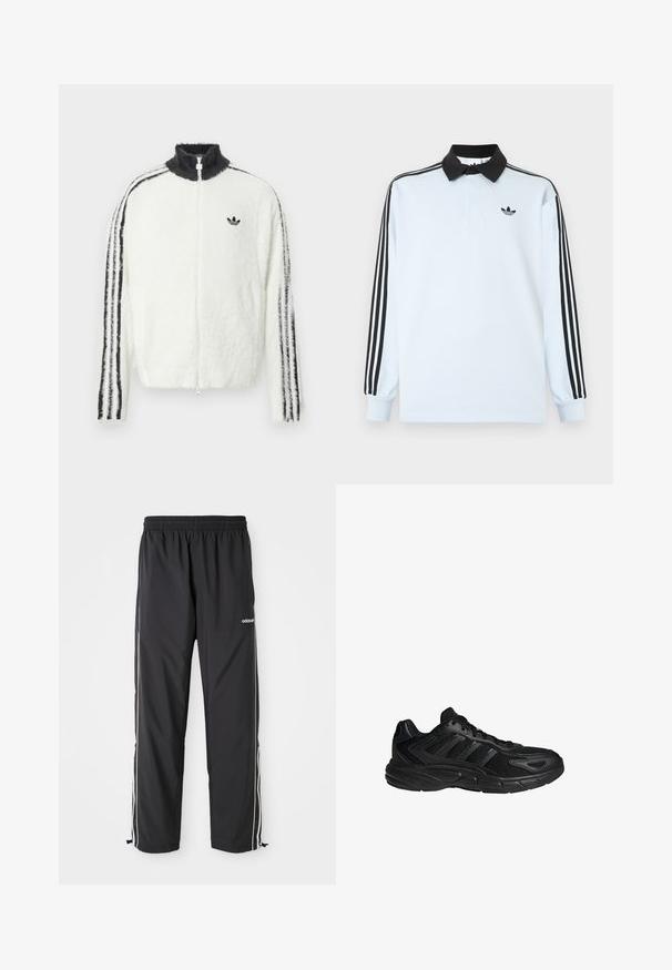Flauschige weiße Zip-Jacke mit hohem Kragen, schwarzem Adidas-Logo und schwarzen Streifen an den Ärmeln. Weicher Stoff und entspannte Passform.; Hellblaues langärmeliges Polohemd mit schwarzem Kragen, drei schwarzen Streifen an den Ärmeln und einem kleinen schwarzen Logo auf der Brust.; Schwarze Sporthose aus leichtem Material, mit weißen Seitenstreifen, einem elastischen Bund und verstellbaren Knöchelbündchen.; Schwarzer Sportschuh mit Mesh- und synthetischem Obermaterial, gepolsterter Sohle mit der Bezeichnung "Cloudfoam" und Schnürverschluss, im Seitenprofil gezeigt.