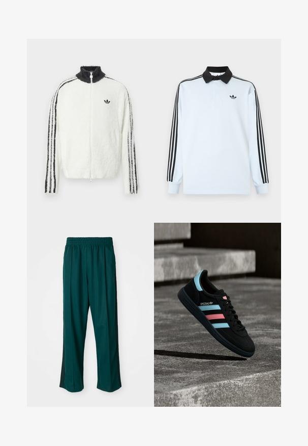 Karvane tõmblukuga jope valges värvuses, kõrge kraega, musta Adidas logo ja mustade triipudega varrukatel. Pehme tekstuur ja mugav lõige.; Hele sinine pikkade varrukatega polo-särk, musta krae, käistel kolm musta triipu ja rinnal väike must logo.; Tumed rohelised spordipüksid elastse vöökohaga, sirge jala kujundusega ja mustade külgtriipudega. Valmistatud pehmest, venivast kangast.; Must Adidas Spezial toss siniste ja roosade triipudega, hõljumas tekstuurse halli betoonpinna kohal, all varjuga.