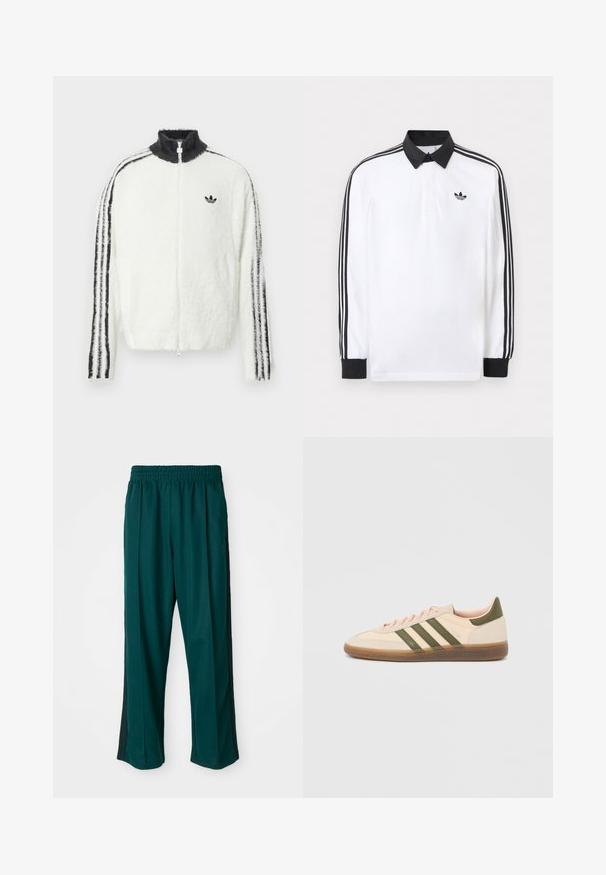 Karvane tõmblukuga jope valges värvuses, kõrge kraega, musta Adidas logo ja mustade triipudega varrukatel. Pehme tekstuur ja mugav lõige.; Valge pika varrukaga polosärk musta krae, mustade mansettide, varruka kolmetriipulise musta mustriga ja musta Adidas logo rinnal.; Tumed rohelised spordipüksid elastse vöökohaga, sirge jala kujundusega ja mustade külgtriipudega. Valmistatud pehmest, venivast kangast.; Madalprofiilne beež Adidas Spezial toss rohelist värvi triipude, kummist tallaga ja "SPEZIAL" brändinguga küljel, nähtav välisküljelt.