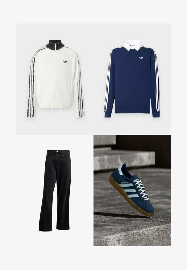 Furry lynlåsjakke i hvid med høj krave, sort Adidas-logo og sorte striber langs ærmerne. Blød tekstur og afslappet pasform.; Marineblå langærmet polo i bomuldsstof, hvid krave, med klassiske tre hvide striber langs ærmerne og et lille logo på brystet.; Sorte denim jeans med straight-leg design, der har frontlommer, en knaplukning og en let tekstur. Inkluderer en diskret logo detalje.; Blå Adidas Spezial sneaker med hvide striber og snørebånd, gummisål, svævende over en ru betongoverflade og trin i baggrunden.