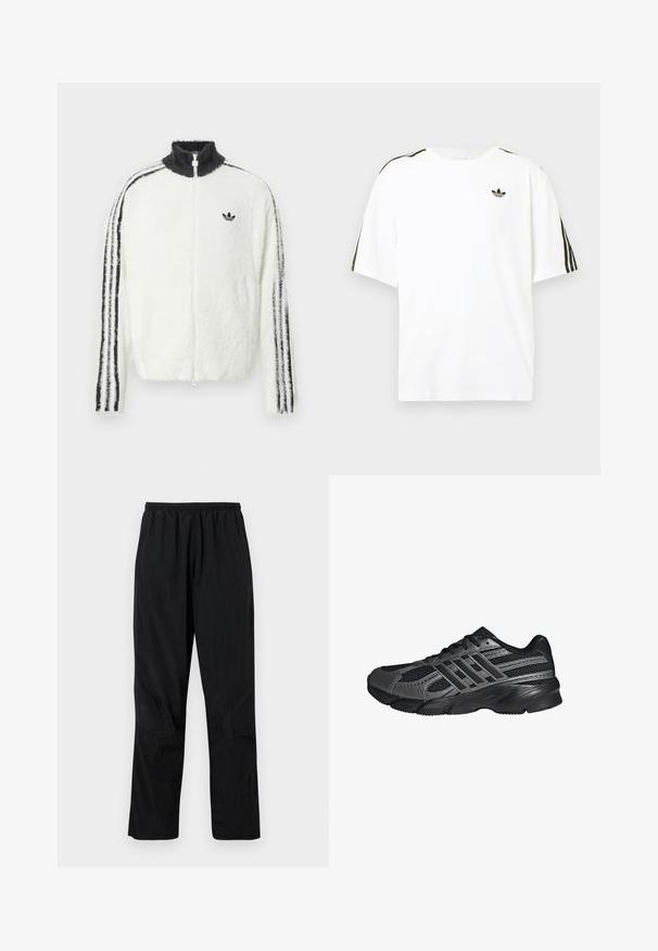 Fluffy zip-up jas in het wit met een hoge kraag, zwart Adidas-logo en zwarte strepen langs de mouwen. Zachte textuur en een ontspannen pasvorm.; Witte katoenen t-shirt met korte mouwen, voorzien van zwarte drie-strepen accenten op de schouders en een klein zwart logo op de borst.; Zwarte nylont broek met een elastische tailleband, voorzien van een lichte, gestructureerde afwerking en naadaccenten voor een modern ontwerp.; Zwarte sportschoenen gemaakt van mesh en synthetische materialen, met een getextureerd oppervlak, meerdere grijze strepen en een gevoerde kraag.