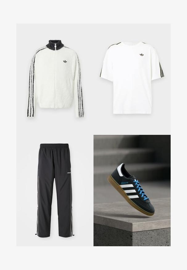 Plyšová zipsová bunda v bielej farbe s vysokým golierom, čiernym logom Adidas a čiernymi pruhmi po stranách rukávov. Mäkká textúra a voľný strih.; Biela bavlnená tričko s krátkymi rukávmi, s čiernymi trojpruhmi na pleciach a malým čiernym logom na hrudi.; Čierne športové nohavice vyrobené z ľahkej látky, s bielymi bočnými pásmi, elastickým pásom a nastaviteľnými členkovými manžetami.; Čierna teniska Adidas s bielymi pruhmi, modrými šnúrkami a gumovou podrážkou, ktorá sa vznáša nad sivým betónovým schodom v mäkkom svetle.