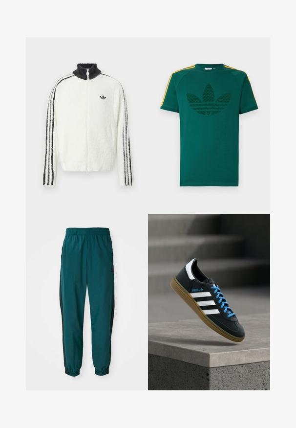 Chaqueta de felpa con cremallera en blanco, con cuello alto, logo de Adidas en negro y rayas negras a lo largo de las mangas. Textura suave y corte relajado.; Camiseta verde de manga corta con el logo de trébol de Adidas en color verde oscuro y franjas amarillas en los hombros sobre un fondo blanco.; Pantalones deportivos en color verde azulado con cintura ajustable por cordón, puños elásticos y rayas negras en los lados. Fabricados con un tejido ligero, presentan un logo cerca de la cadera.; Zapatilla negra Adidas con franjas blancas, cordones azules y suela de goma flotando sobre un escalón de hormigón gris con luz suave.