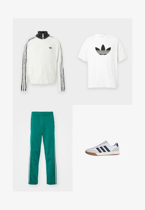 Fluffy zip-up jas in het wit met een hoge kraag, zwart Adidas-logo en zwarte strepen langs de mouwen. Zachte textuur en een ontspannen pasvorm.; Witte katoenen t-shirt met een groot zwart Adidas trefoil-logo en drie horizontale strepen eronder. Korte mouwen, ronde hals.; Groene trainingsbroek met een gladde textuur, voorzien van een witte zijstreep en een elastische tailleband. Rechtonder ontwerp.; Witte sportschoen met grijze suède accenten, drie zwarte strepen en een zool van bruine rubber. Heeft een veterdesign en een gevoerde rand.