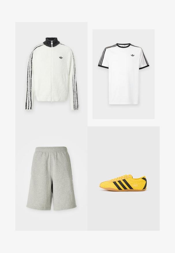 Karvane tõmblukuga jope valges värvuses, kõrge kraega, musta Adidas logo ja mustade triipudega varrukatel. Pehme tekstuur ja mugav lõige.; Valge puuvillane T-särk mustade ribadega kaelas ja varrukates, millel on iga õla peal kolm musta triipu ning rindkeres väike logo.; Hallidest hallid puuvillased lühikesed püksid, millel on elastne vöökoht, põlvekõrgune disain ja peen külglogo detail. Pehme tekstuuriga, mugav ja sportlik sobivus.; Kollane sportlik jalanõu tekstuurse pealiskihiga, millel on mustad triibud ja logo. Ümar nina, pehme tallaosa ning materjalil siksakmuster.