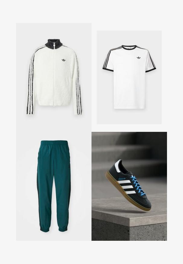 Flauschige weiße Zip-Jacke mit hohem Kragen, schwarzem Adidas-Logo und schwarzen Streifen an den Ärmeln. Weicher Stoff und entspannte Passform.; Weißes Baumwoll-T-Shirt mit schwarzem Rippenkragen und Ärmeln, mit drei schwarzen Streifen auf jeder Schulter und einem kleinen Logo auf der Brust.; Türkise Sporthose mit einem Kordelzugbund, elastischen Bündchen und seitlichen schwarzen Streifen. Hergestellt aus leichtem Stoff und mit einem Logo in der Nähe der Hüfte.; Schwarzer Adidas-Sneaker mit weißen Streifen, blauen Schnürsenkeln und Gummisohle, der über einer grauen Betontreppe im weichen Licht schwebt.