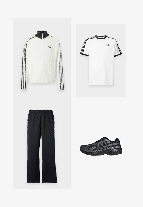Valkoinen karvainen vetoketjuhuppari, jossa on korkea kaulus, musta Adidas-logo ja mustat raidat hihoissa. Pehmeä texture ja rento istuvuus.; Valkoinen puuvillapaita, jossa on mustat ribbiääriviivat kauluksessa ja hihoissa, ja kummassakin olkapäässä kolme mustaa raitaa sekä pieni logo rinnassa.; Mustat urheiluleggingsit, jotka on valmistettu joustavasta kankaasta. Niissä on joustava vyötärö ja sivuartikkeleita. Suora lahkeiden muotoilu, jossa on hillitty logotyyli.; Musta urheilukengät, jotka on valmistettu verkkomateriaalista ja synteettisistä aineista. Kengissä on teksturoitu pinta, useita harmaita raitoja ja pehmustettu sauma.