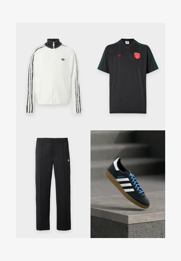 Valkoinen karvainen vetoketjuhuppari, jossa on korkea kaulus, musta Adidas-logo ja mustat raidat hihoissa. Pehmeä texture ja rento istuvuus.; Musta Adidas-urheilupaita, jossa tumma kukkakuvio, vihreät olkasaumat, punainen kolmen lehden logo ja punainen "All-Stars 1994" -merkki rinnassa.; Mustat housut, jotka on valmistettu sileästä kankaasta, jossa on nappikiinnitys, sivutaskut ja pieni logo edessä. Suorat lahkeet.; Musta Adidas-tennari valkoisilla raidoilla, sinisillä nauhoilla ja kumipohjalla kelluu pehmeässä valossa harmaan betonisen portaan yllä.