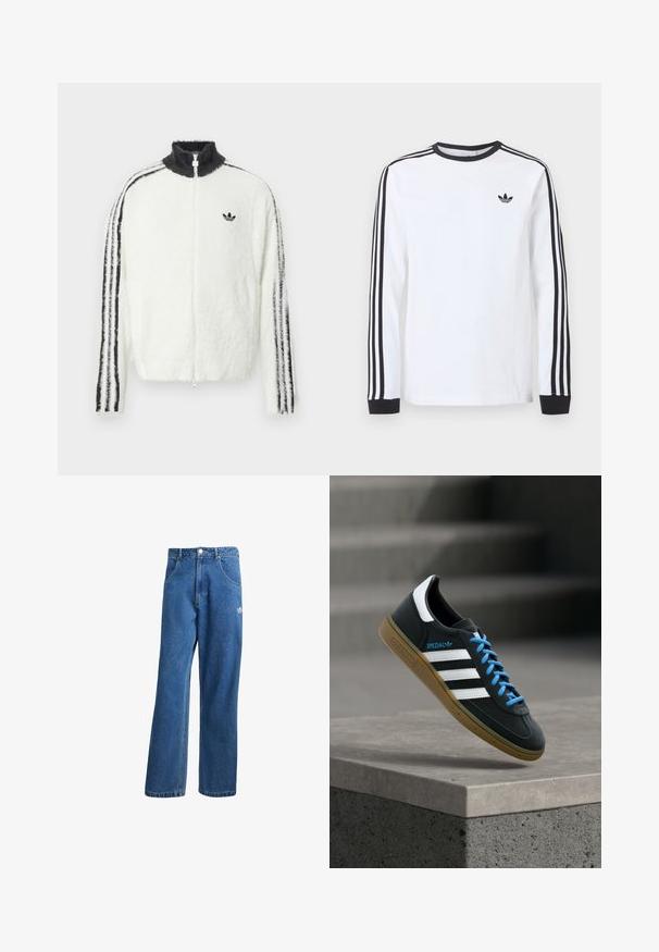 Chaqueta de felpa con cremallera en blanco, con cuello alto, logo de Adidas en negro y rayas negras a lo largo de las mangas. Textura suave y corte relajado.; Camiseta blanca de manga larga de Adidas con cuello redondo negro, puños negros, tres rayas negras a lo largo de las mangas y logo negro de trébol en el pecho.; Vaqueros de mezclilla anchos de talle alto en azul, con bolsillos frontales, presillas para cinturón, cierre de botón y pequeño logo de Adidas en el muslo derecho.; Zapatilla negra Adidas con franjas blancas, cordones azules y suela de goma flotando sobre un escalón de hormigón gris con luz suave.