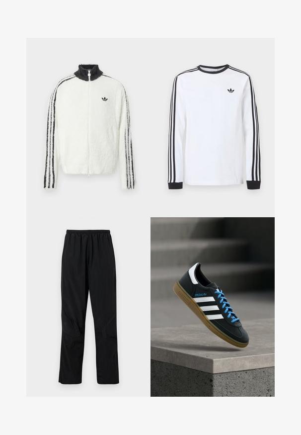 Chaqueta de felpa con cremallera en blanco, con cuello alto, logo de Adidas en negro y rayas negras a lo largo de las mangas. Textura suave y corte relajado.; Camiseta blanca de manga larga de Adidas con cuello redondo negro, puños negros, tres rayas negras a lo largo de las mangas y logo negro de trébol en el pecho.; Pantalones de nylon negros con una cinturilla elástica, que presentan un acabado ligero y texturizado y acentos en las costuras para un diseño moderno.; Zapatilla negra Adidas con franjas blancas, cordones azules y suela de goma flotando sobre un escalón de hormigón gris con luz suave.