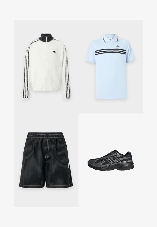 Flauschige weiße Zip-Jacke mit hohem Kragen, schwarzem Adidas-Logo und schwarzen Streifen an den Ärmeln. Weicher Stoff und entspannte Passform.; Hellblaues Polohemd aus strukturiertem Stoff mit schwarzen Akzentstreifen und einem schwarzen Logo auf der Brust. Verfügt über einen Kragen.; Schwarz gestreifte Shorts mit weißen Nadelstreifen, ausgestattet mit einem elastischen Bund, genähten Details und einem seitlichen Logo-Tag. Glattes, leichtes Material.; Schwarze Sportschuhe aus Netz- und synthetischem Material, mit einer strukturierten Oberfläche, mehreren grauen Streifen und einem gepolsterten Schaft.