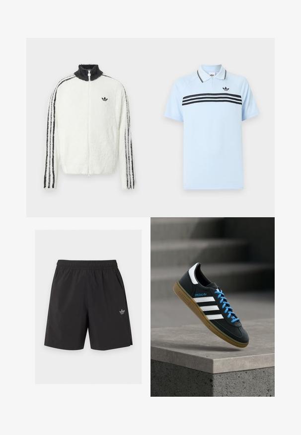 Veste zippée en fourrure blanche avec un col haut, logo Adidas noir et rayures noires le long des manches. Texture douce et coupe décontractée.; Polo bleu clair en tissu texturé avec des bandes noires en accent et un logo noir sur la poitrine. Présente un col à revers.; Short de sport noir à taille élastique avec poches latérales et petit logo Adidas sur la jambe gauche.; Baskets Adidas noires avec des rayures blanches, des lacets bleus et une semelle en gomme flottant au-dessus d'une marche en béton grise sous une lumière douce.