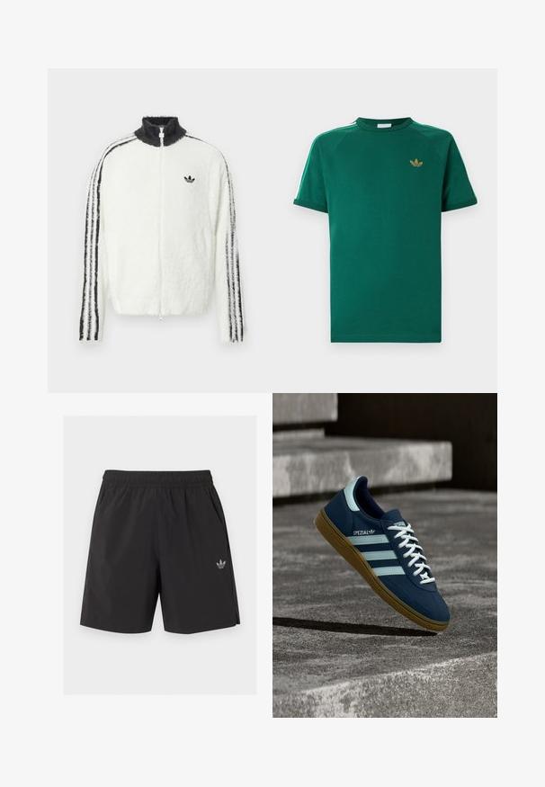 Veste zippée en fourrure blanche avec un col haut, logo Adidas noir et rayures noires le long des manches. Texture douce et coupe décontractée.; T-shirt Adidas vert à manches courtes avec col rond, logo trèfle doré sur la poitrine et bandes blanches bordées de vert le long des épaules.; Short de sport noir à taille élastique avec poches latérales et petit logo Adidas sur la jambe gauche.; Baskets Adidas Spezial bleues avec des rayures et des lacets blancs, semelle en gomme, flottant au-dessus d'une surface en béton rugueuse et des marches en arrière-plan.