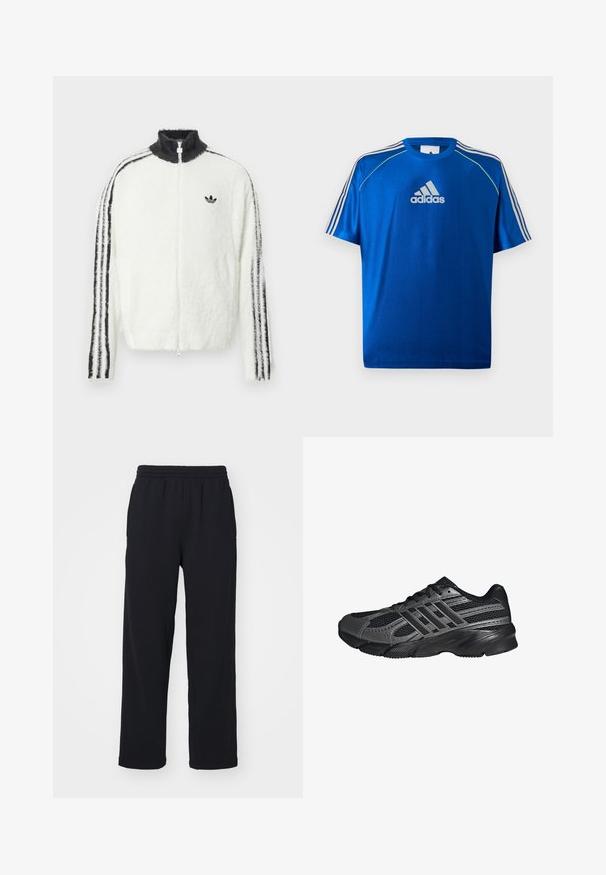 Chaqueta de felpa con cremallera en blanco, con cuello alto, logo de Adidas en negro y rayas negras a lo largo de las mangas. Textura suave y corte relajado.; Camiseta deportiva azul de Adidas con logo blanco en el pecho, franjas blancas en los hombros y ribete amarillo neón en las costuras de los hombros.; Pantalones de chándal negros con cinturilla elástica, piernas rectas y detalles cosidos. Hechos de una tela suave y texturizada.; Zapatillas deportivas negras hechas de malla y materiales sintéticos, que presentan una superficie texturizada, múltiples rayas grises y un collar acolchado.