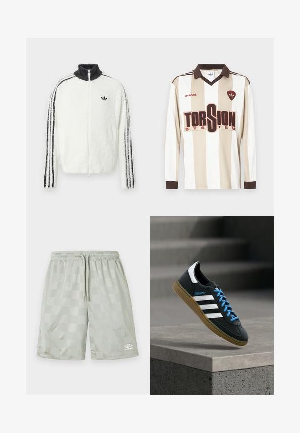 Fluffy zip-up jas in het wit met een hoge kraag, zwart Adidas-logo en zwarte strepen langs de mouwen. Zachte textuur en een ontspannen pasvorm.; Beige en wit gestreept voetbalshirt met lange mouwen; heeft een bruine kraag en manchetten, een groot rood "TORSION SYSTEM" logo en adidas branding.; Umbro FOOTBALL SHORT - Trainingsbroek - harbor mist; Zwarte Adidas-sneaker met witte strepen, blauwe veters en een gumzool die boven een grijze betonnen trede zweeft in zacht licht.