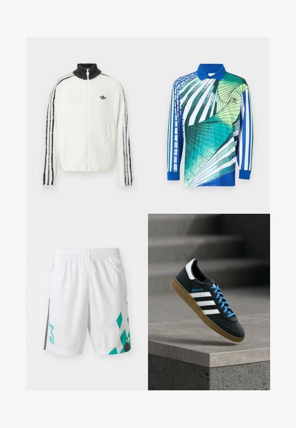 Karvane tõmblukuga jope valges värvuses, kõrge kraega, musta Adidas logo ja mustade triipudega varrukatel. Pehme tekstuur ja mugav lõige.; Pikkade varrukatega polopluus sinise kraega, abstraktsete roheliste, türkiissiniste, valgete ja siniste spiraalsete ning triibuliste mustritega, Adidas'i logo rinnal.; Valged sportlikud lühikesed püksid elastse vöökohaga, millel on türkiissinine geomeetriline muster ja mustad aktsendid külgedel. Includes a large number "3."; Must Adidas toss valgete triibu, siniste paelte ja kummist tallaga, hõljuv pehme valgusega halli betoonastme kohal.