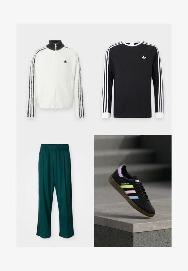 Chaqueta de felpa con cremallera en blanco, con cuello alto, logo de Adidas en negro y rayas negras a lo largo de las mangas. Textura suave y corte relajado.; Camiseta negra de manga larga con diseño de tres franjas blancas en las mangas. Presenta un cuello redondo y un pequeño logo blanco en el pecho.; Pantalones deportivos de color verde oscuro con cintura elástica, diseño de pierna recta y franjas laterales negras. Fabricados en tejido suave y elástico.; Zapatilla Adidas Spezial negra con rayas en amarillo pastel, rosa y azul, lengüeta trasera lavanda y suela marrón, flotando sobre un bordillo de cemento.