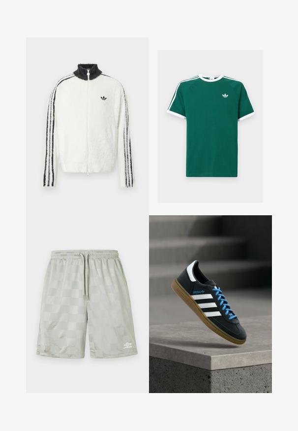 Flauschige weiße Zip-Jacke mit hohem Kragen, schwarzem Adidas-Logo und schwarzen Streifen an den Ärmeln. Weicher Stoff und entspannte Passform.; Grünes Baumwoll-T-Shirt mit weißen Akzenten, ausgestattet mit kurzen Ärmeln, einem Rundhalsausschnitt und drei weißen Streifen an jeder Schulter. Kleines Logo auf der Brust.; Umbro FOOTBALL SHORT - Jogginghose - harbor mist; Schwarzer Adidas-Sneaker mit weißen Streifen, blauen Schnürsenkeln und Gummisohle, der über einer grauen Betontreppe im weichen Licht schwebt.