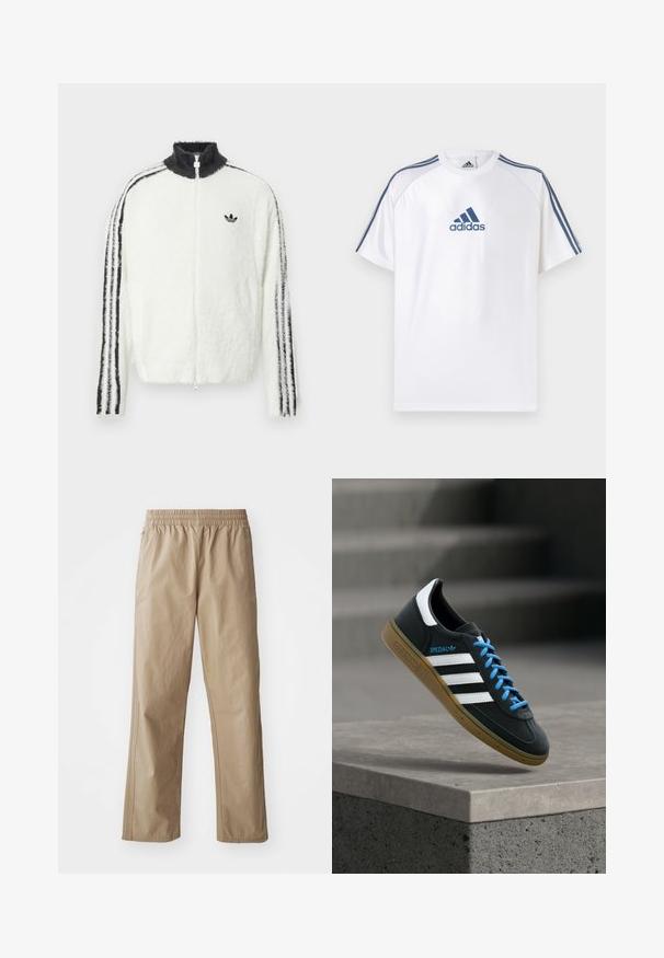 Plyšová zipsová bunda v bielej farbe s vysokým golierom, čiernym logom Adidas a čiernymi pruhmi po stranách rukávov. Mäkká textúra a voľný strih.; Biele tričko Adidas s modrými akcentmi, krátkymi rukávmi a okrúhlym výstrihom. Na prednej strane je modré logo Adidas a na ramenách tri pruhy.; Béžové ľahké nohavice s elastickým pásom, rovnými nohavicami a bočnými vreckami. Hladká textúra s jemnými švami.; Čierna teniska Adidas s bielymi pruhmi, modrými šnúrkami a gumovou podrážkou, ktorá sa vznáša nad sivým betónovým schodom v mäkkom svetle.