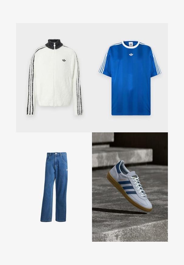 Chaqueta de felpa con cremallera en blanco, con cuello alto, logo de Adidas en negro y rayas negras a lo largo de las mangas. Textura suave y corte relajado.; Camiseta deportiva azul real hecha de tela suave, con franjas blancas en las mangas y un pequeño logo blanco en el pecho.; Vaqueros de mezclilla anchos de talle alto en azul, con bolsillos frontales, presillas para cinturón, cierre de botón y pequeño logo de Adidas en el muslo derecho.; Zapatilla Adidas Spezial azul claro con rayas azul marino y suela de goma, mostrada en el aire sobre escalones de hormigón en un entorno exterior neutral.