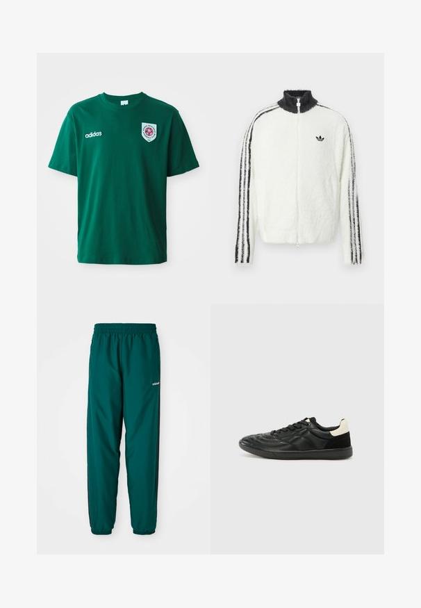Plyšová zipsová bunda v bielej farbe s vysokým golierom, čiernym logom Adidas a čiernymi pruhmi po stranách rukávov. Mäkká textúra a voľný strih.; Zelené bavlnené tričko s okrúhlym výstrihom, krátkymi rukávmi, logom Adidas na ľavej strane a kruhovou nášivkou s červeným dizajnom na pravej strane.; Zelené športové nohavice vyrobené z ľahkej látky, s elastickým pásom, bočnými vreckami a čiernymi bočnými pruhmi. Viditeľné logo Adidas.; ALDO THEPITCH - Tenisky - black