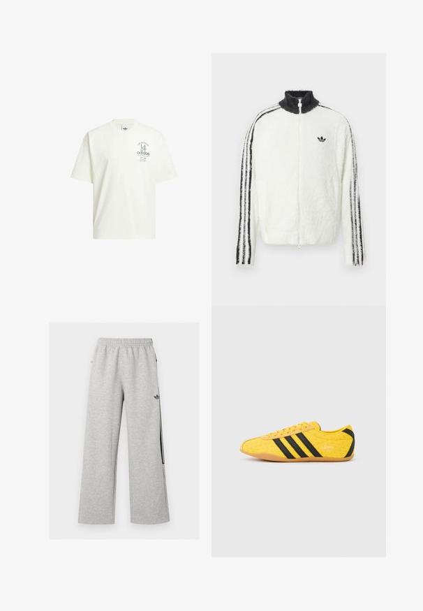 Flauschige weiße Zip-Jacke mit hohem Kragen, schwarzem Adidas-Logo und schwarzen Streifen an den Ärmeln. Weicher Stoff und entspannte Passform.; Weißes Baumwoll-T-Shirt mit Rundhalsausschnitt, kurzen Ärmeln und einem grafischen Druck mit "Adidas" und "Los Angeles" in Grün.; Hellgraue weite Sweatpants mit elastischem Bund und schwarzem Adidas Trefoil-Logo am rechten Oberschenkel.; Gelber Sportschuh mit strukturiertem Obermaterial, verziert mit schwarzen Streifen und Logo. Abgerundete Spitze, weiche Sohle und Zickzackmuster auf dem Material.